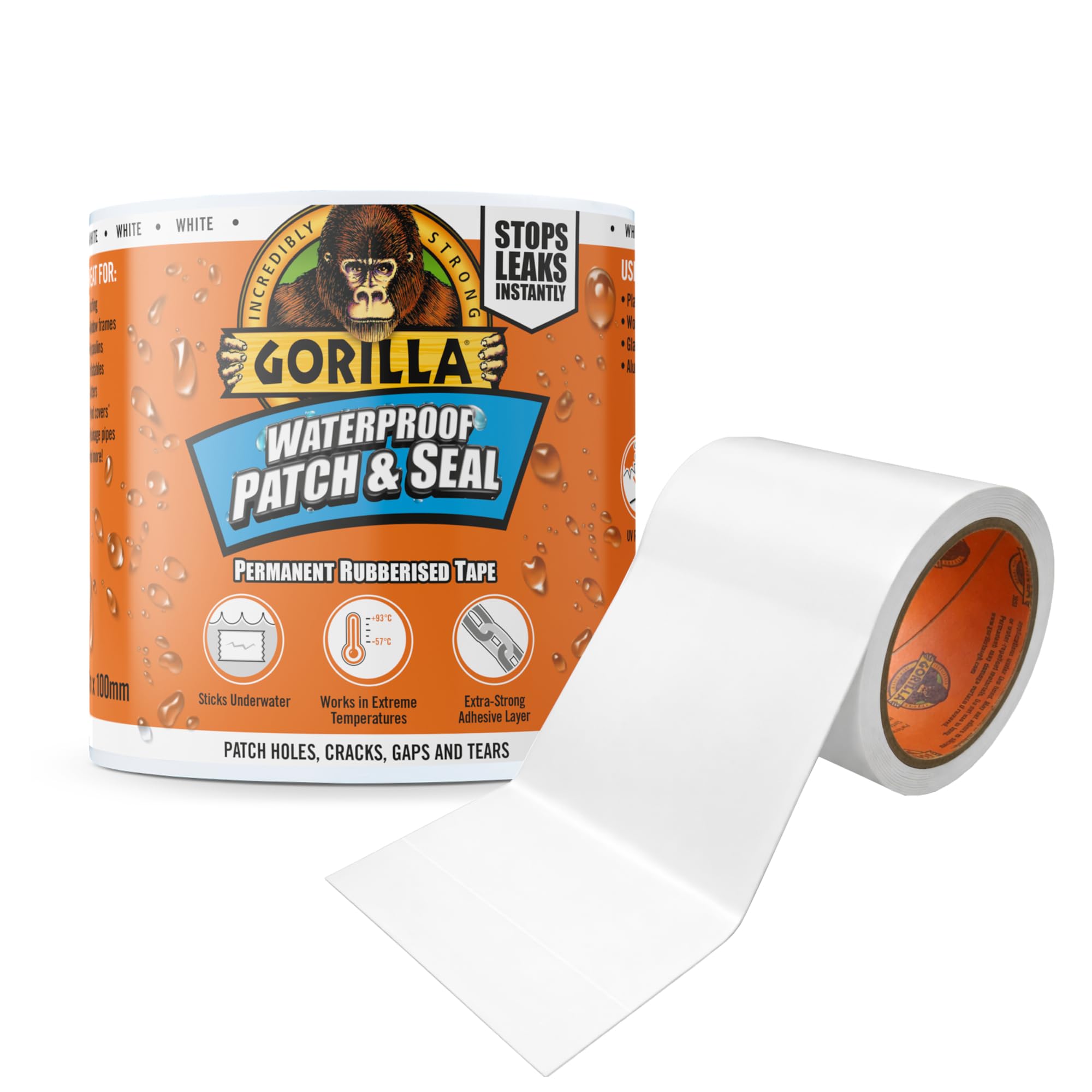 Gorilla Waterproof Patch & Seal Tape White 3m - Outdoor Repair Tape, UV
