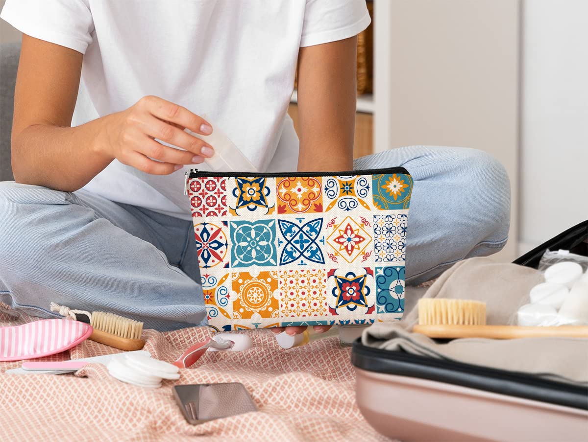 Retro Portuguese Talavera Tiles Makeup Bag,Mandala Vintage Flowers Cosmetic Bag Best Gift Idea for Sister Girls Girlfriend Wife Mom,Birthday Christmas Valentine's Day Gift Makeup Bag