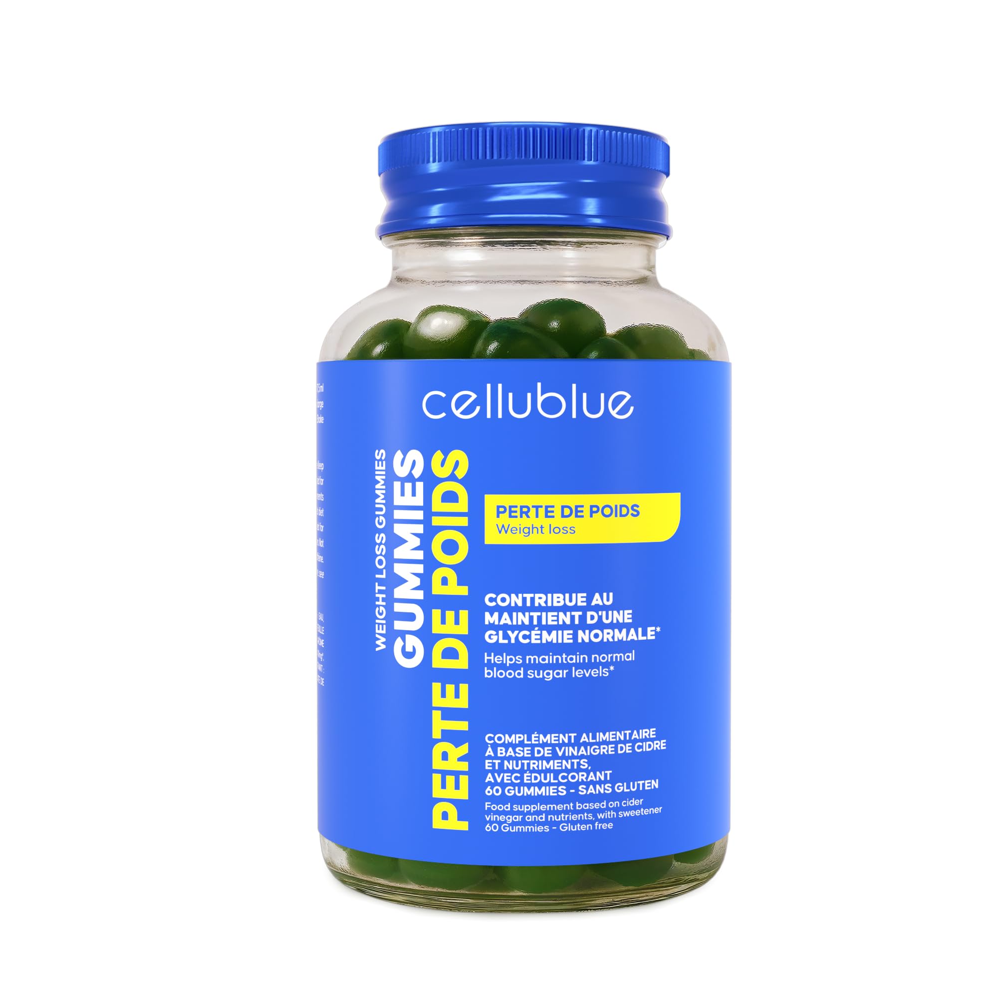 Gummies Vinaigre de Cidre Cellublue - Coupe-Faim Naturel, Digestion & Perte de Poids - Ralentit l’absorption des Sucres après le Repas - Prise Facile & Bon Goût – Avec Chrome & Vitamine C