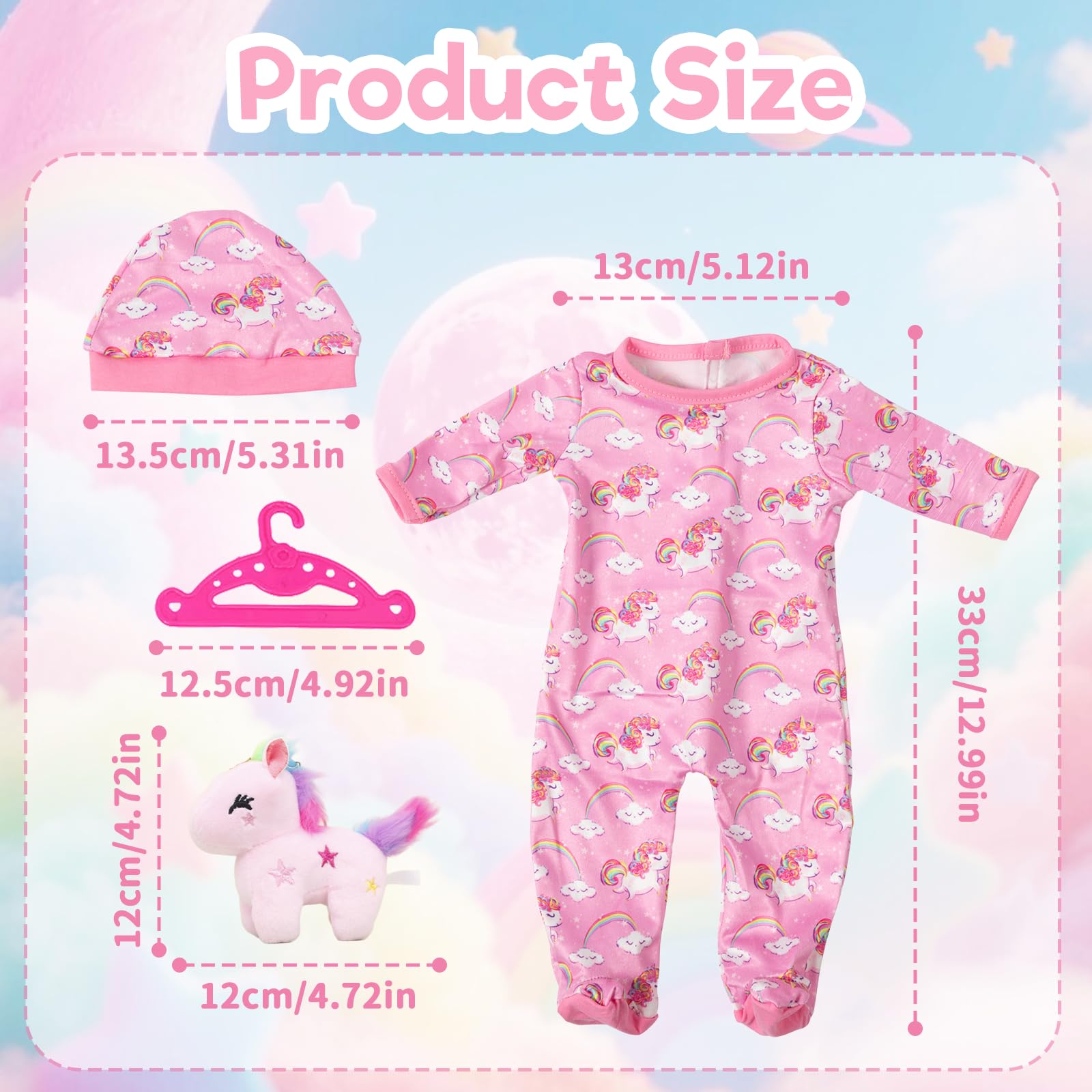 4 Pcs Baby Doll Clothes for 14-17 Inch Dolls, Cute Baby Doll Outfits mit Pink Pony Onesie, Hat - Image 2