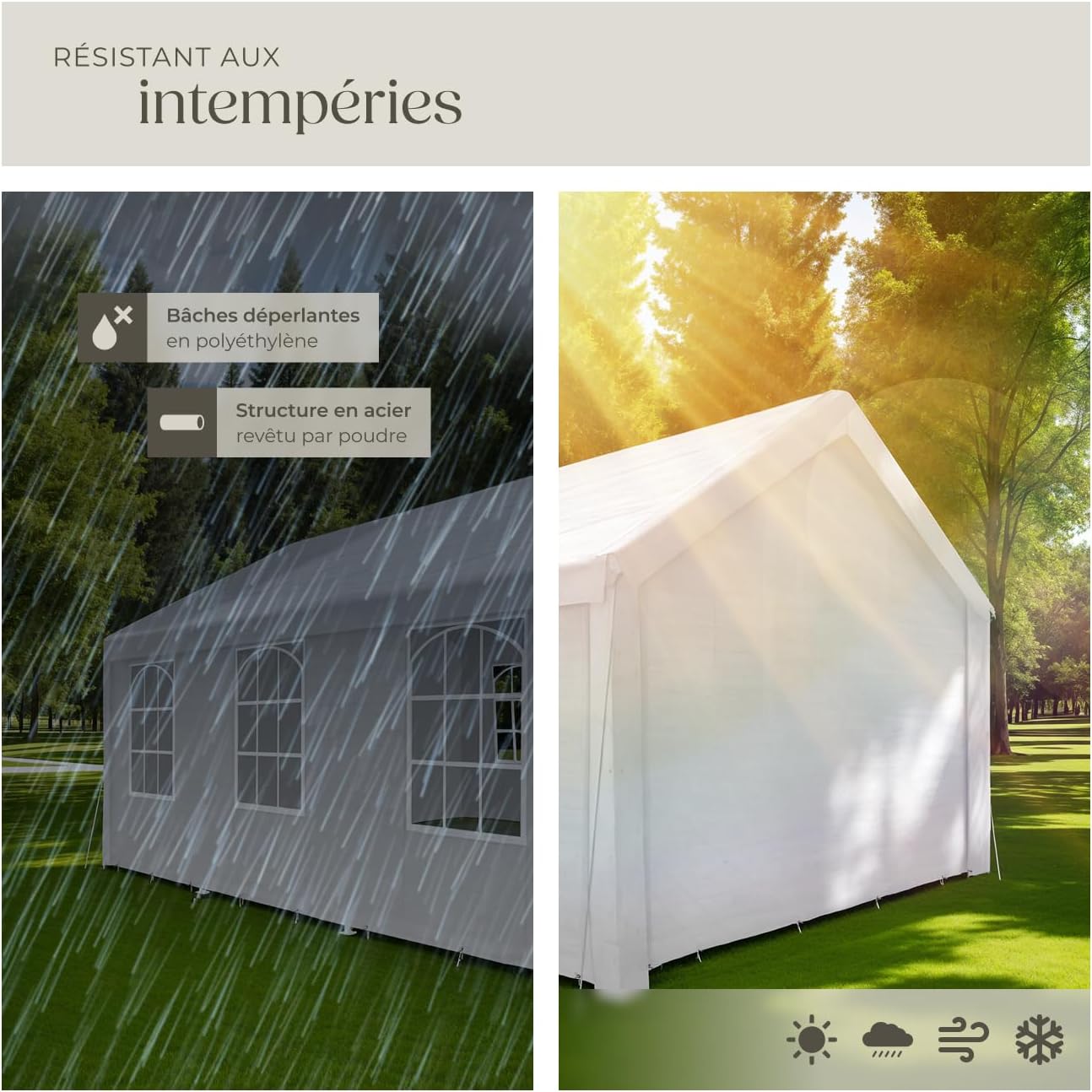 Image showing the TecTake gazebo resisting rain on one side and providing shade from the sun on the other.