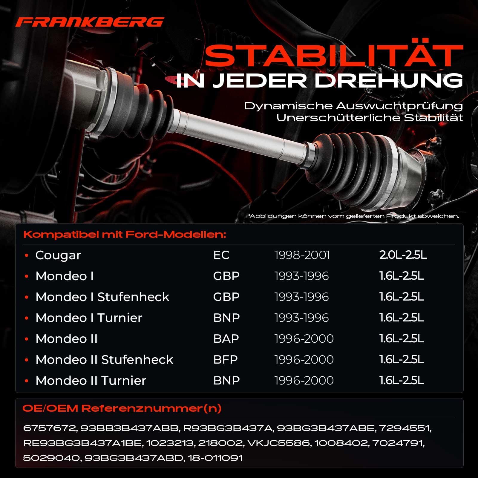 Frankberg Eje motriz Eje de transmisión Caja de cambios manual con ABS-Ring Eje delantero Izquierda Compatible con Cougar EC 2.5L 1998-2001 Mondeo II BAP 1.6L-2.5L 1996-2000 Replace# 5029040