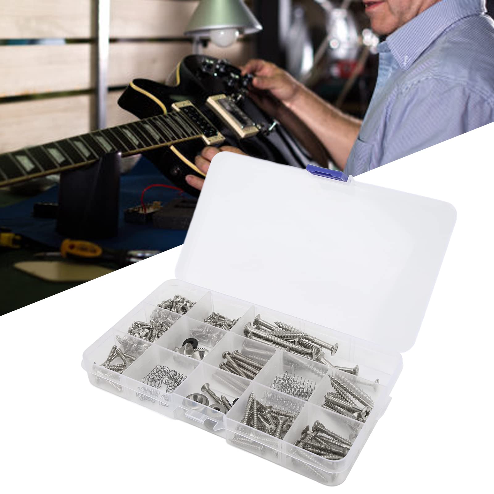 Kit de Tornillos para Guitarra Eléctrica Juego Surtido de Correas de Tornillos de Metal de Primera Calidad con Arandelas de Resorte para Reparación y Mantenimiento de Guitarras (Plata)