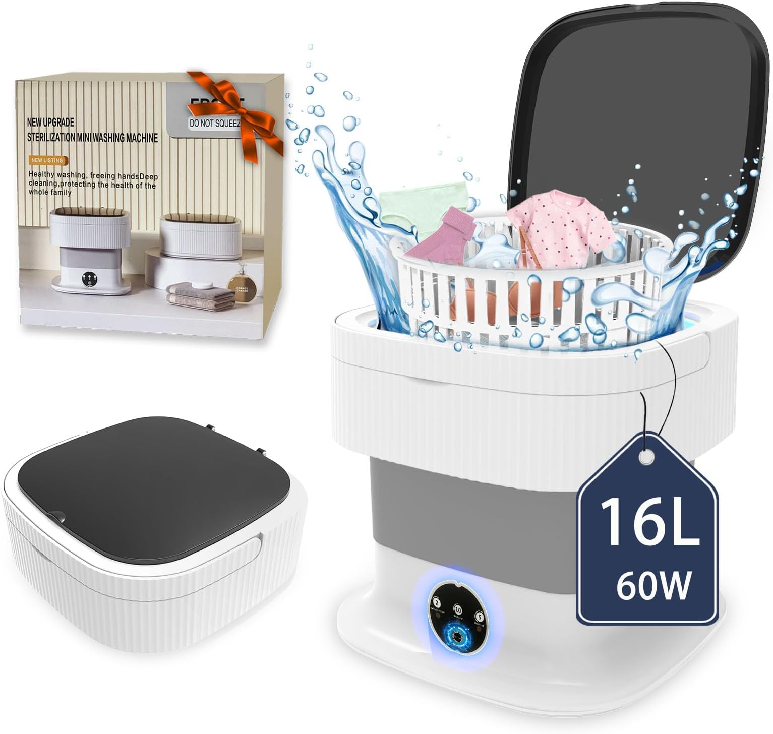 Portable Washing Machine, 16L Large Capacity Mini Washing Machine,60W Small Foldable Collapsible Washer and Dryer with Spin for Travel, Socks, Baby Clothes (Grey)