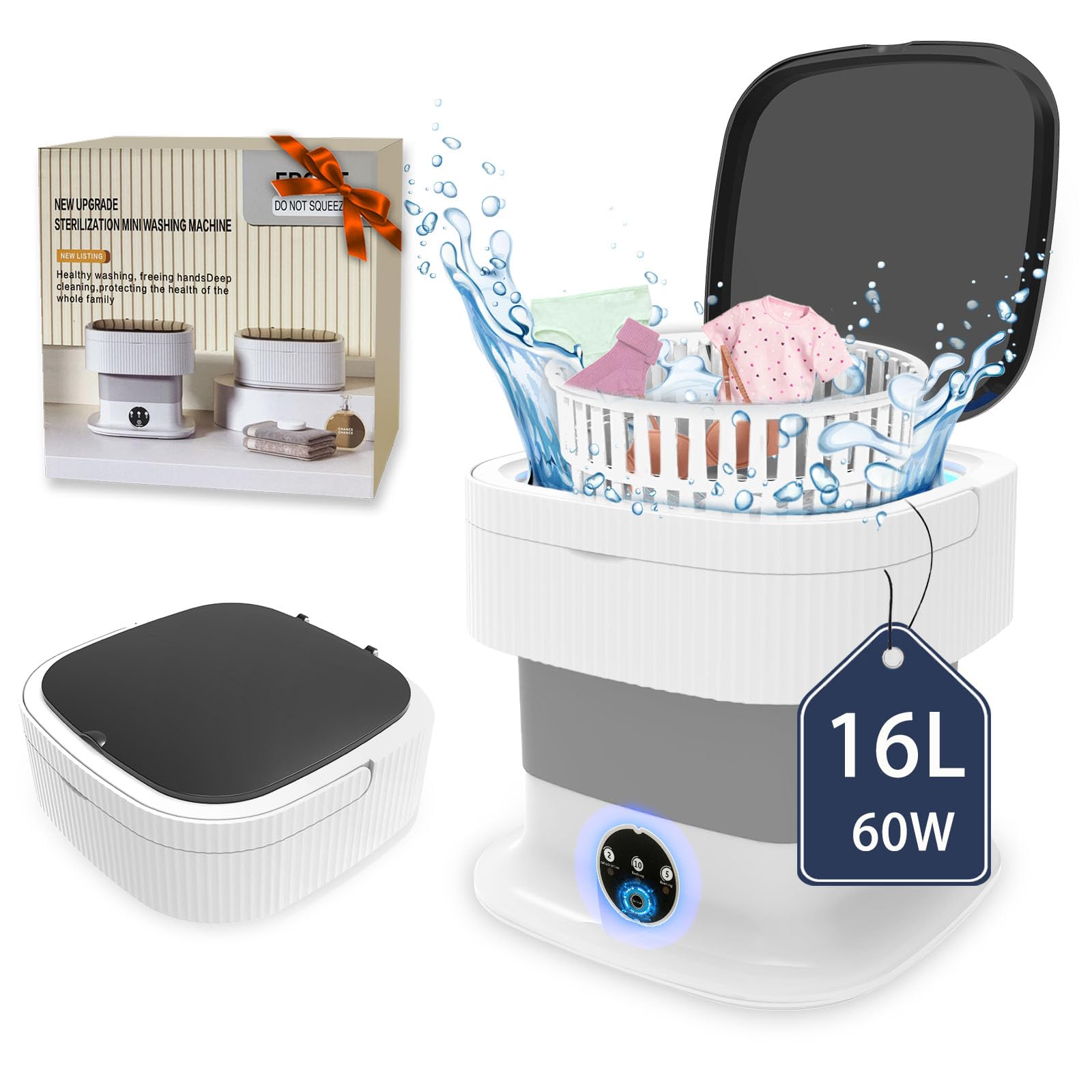 Portable Washing Machine, 16L Large Capacity Mini Washing Machine,60W Small Foldable Collapsible Washer and Dryer with Spin for Travel, Socks, Baby Clothes (Grey)