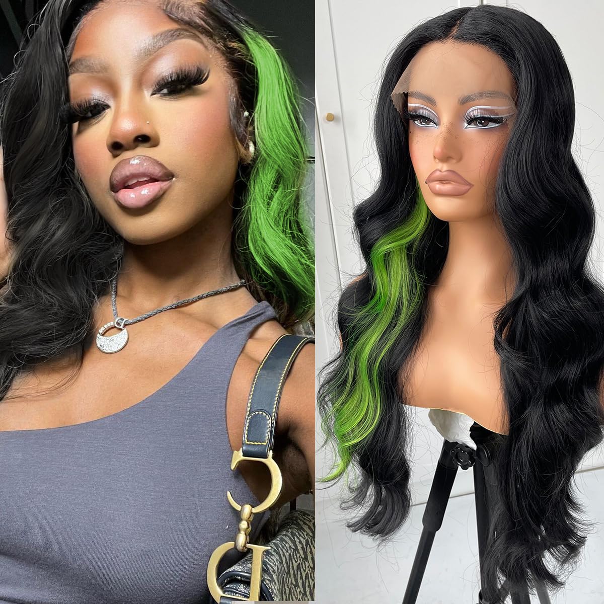 Green Skunk Stripe Wig Glueless Highlight Lace Front Wig Pre Plucked Synthetic Body Wave Wear And Go Lace Front Wig For Black Women