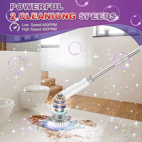 Miniatura 3 de Depurador eléctrico giratorio, 7 cabezales de cepillo reemplazables, limpiador de baño de 1.5 horas de doble velocidad y brazo de extensión