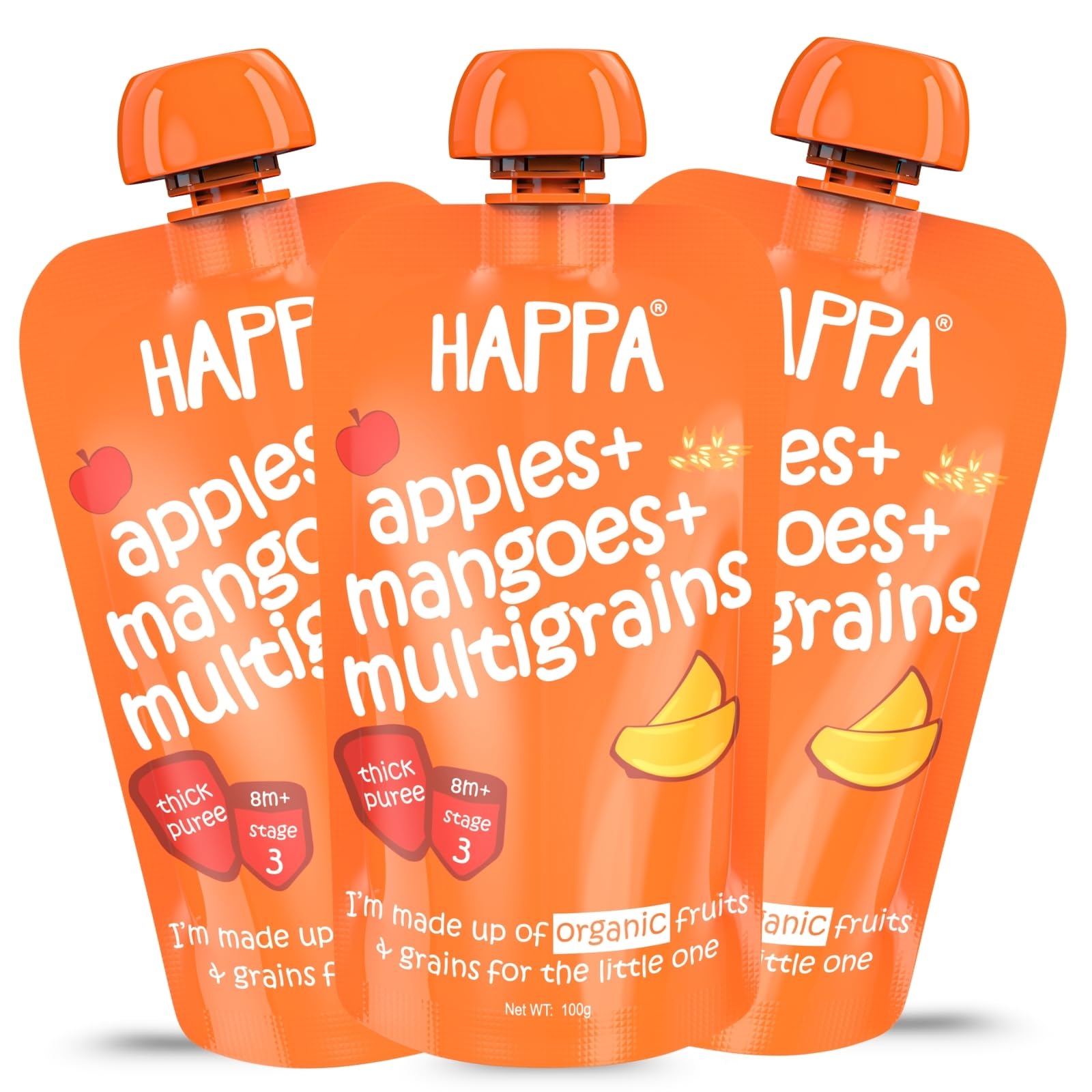 Happa Organic Baby Food Apple Mango and Multigrain Puree | 100% Fruits | No Added Sugar, No Milk Powder, No Preservatives | Stage 3 (8 Months+) | Ready to Eat | Free from Common Allergens | Pack of 3 (100g Each)
