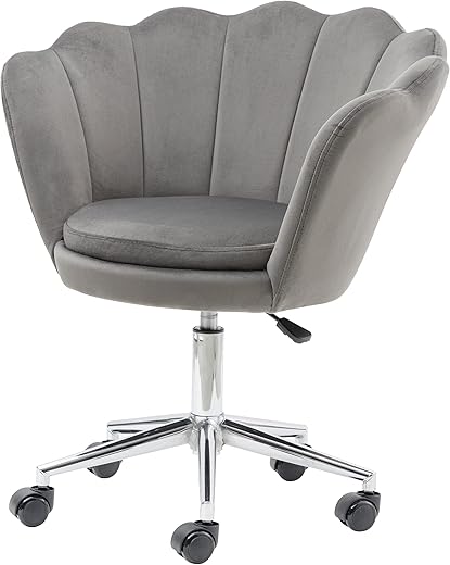 Baroni Home Gepolsterter Sessel mit Muschel-Rückenlehne aus Samt mit silbernen Rädern, Stuhl mit Rollen für Büro, Höhe verstellbar, Grau, 69x71x84 cm