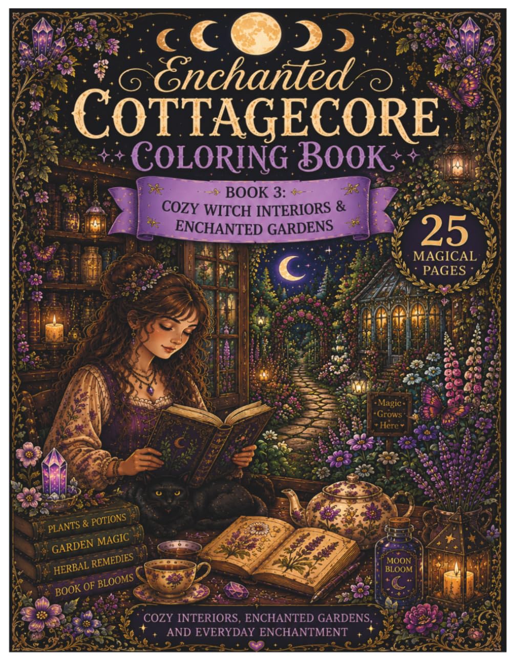 ENCHANTED COTTAGECORE COLORING BOOK: Book 3: Cozy Witch Interiors & Enchanted Gardens