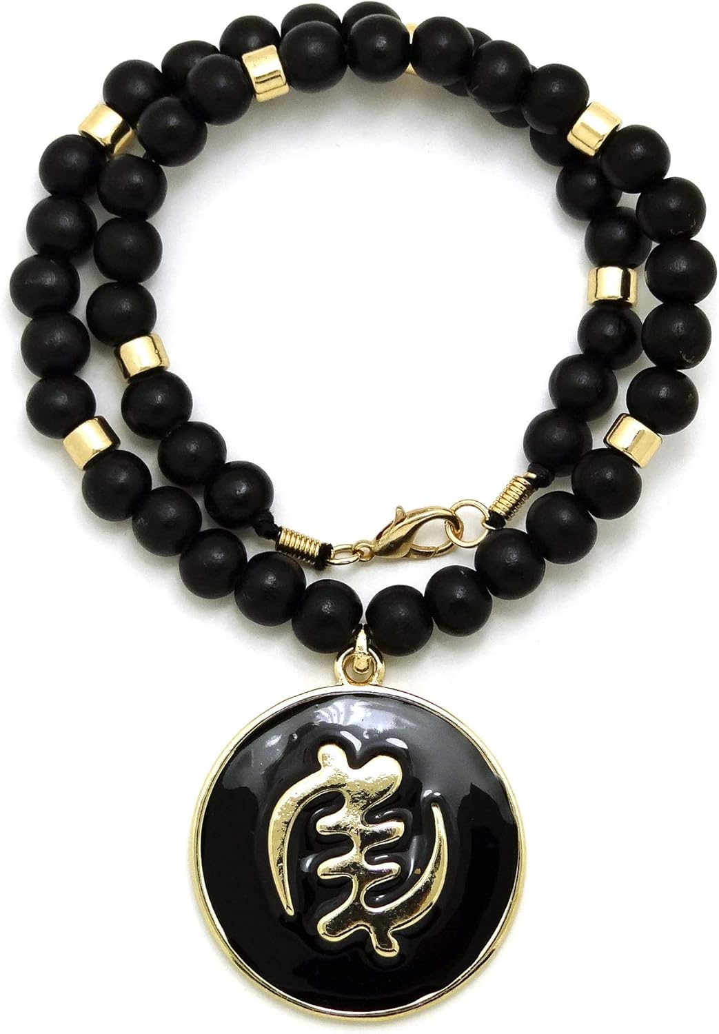 CBC Crown Egyptian Adinkra Cleopatra Falcon Round Medallion Pendant 6mm 18"/20"/24"/30" Wooden Bead Necklace in Gold Tone