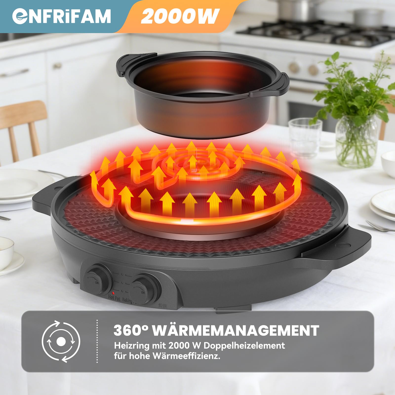 Elektryczny garnek 2 w 1, 2000 W, elektryczny garnek i grill, grill elektryczny 2 w 1, równomierne ogrzewanie z niezależnym (39 cm – zdejmowane garnki do zupy)
