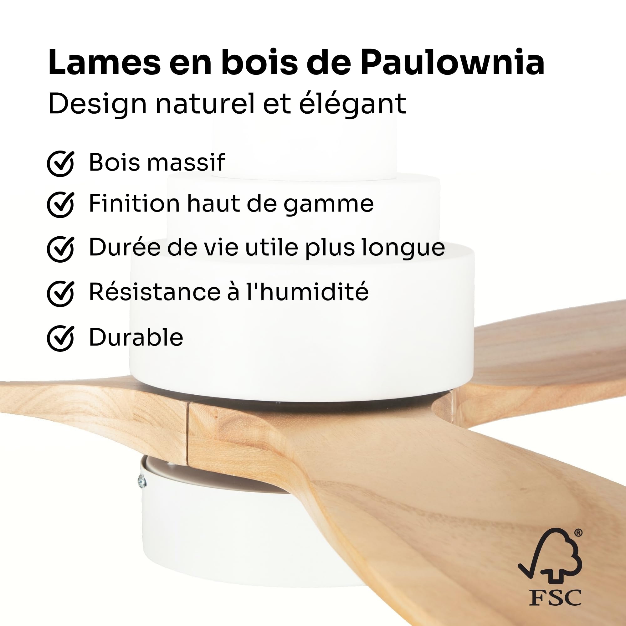 Mellerware - Ventilateur de plafond avec télécommande Brizy! Bright 45W | Lampe puissante | Ultra silencieux | 3 lames | Diamètre 132cm | 6 vitesses | Refroidissement + LED intégrée | Bois clair