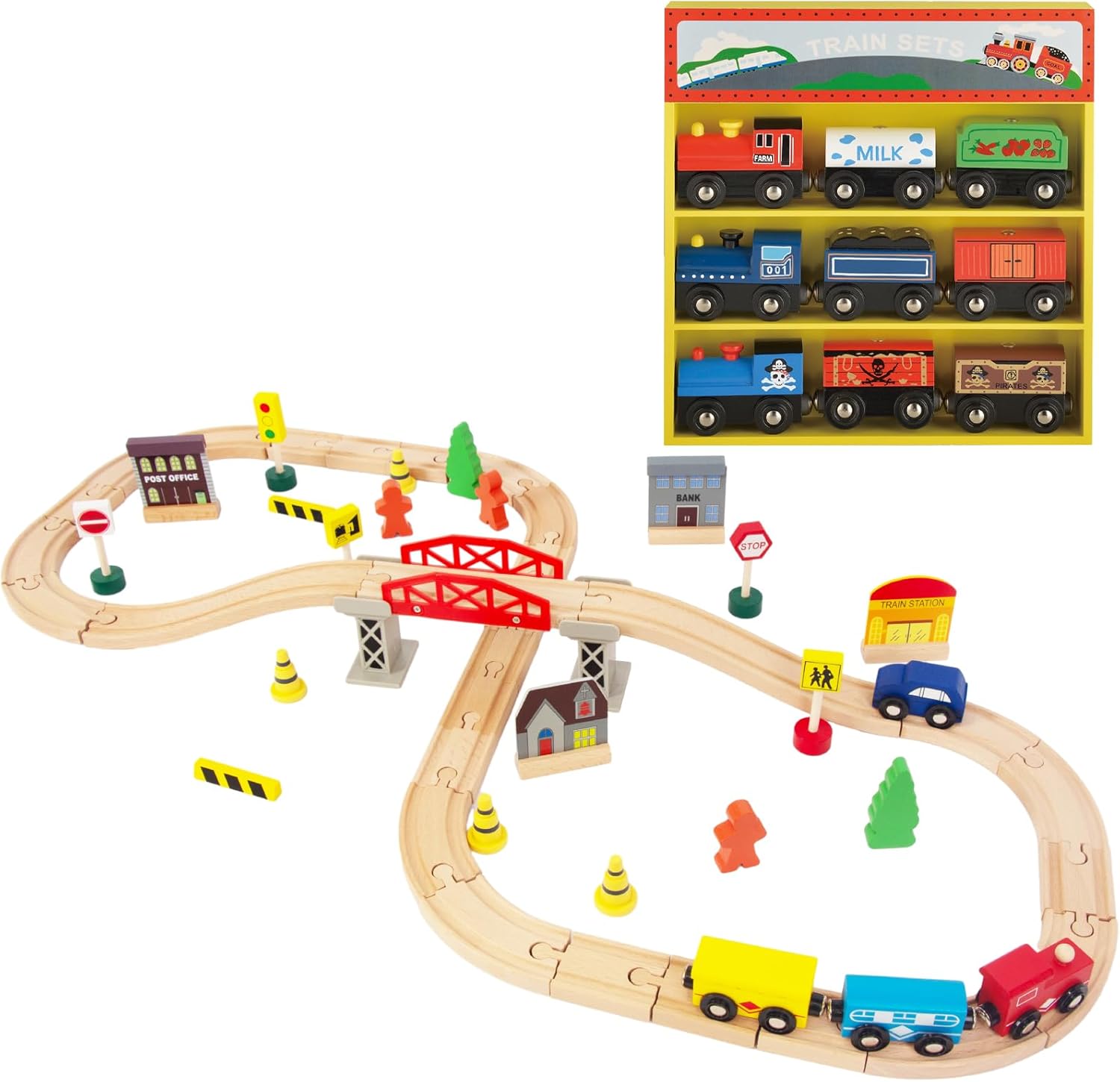 60Pcs Train Set for Toddlers, Bridge & Double-Side Wooden Train Set Tracks, Fits Brio, Thomas, Melissa and Doug, Kids Gift Toys for 3 4 5 Years Old Boys Girls