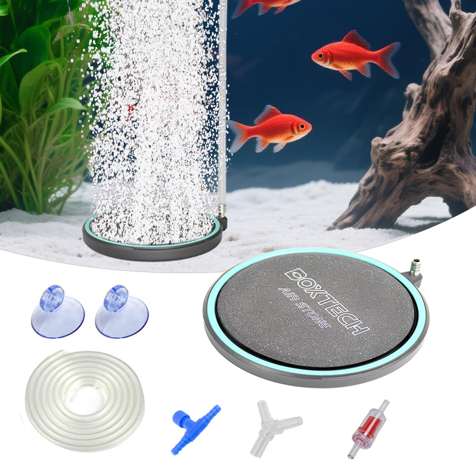 boxtech Bulle de poisson pour aquarium, aérateur d'oxygène dissous de 10,2 cm, kit de pierres à air pour aquarium avec tube d'air et accessoires de clapet anti-retour (sans pompe à air)