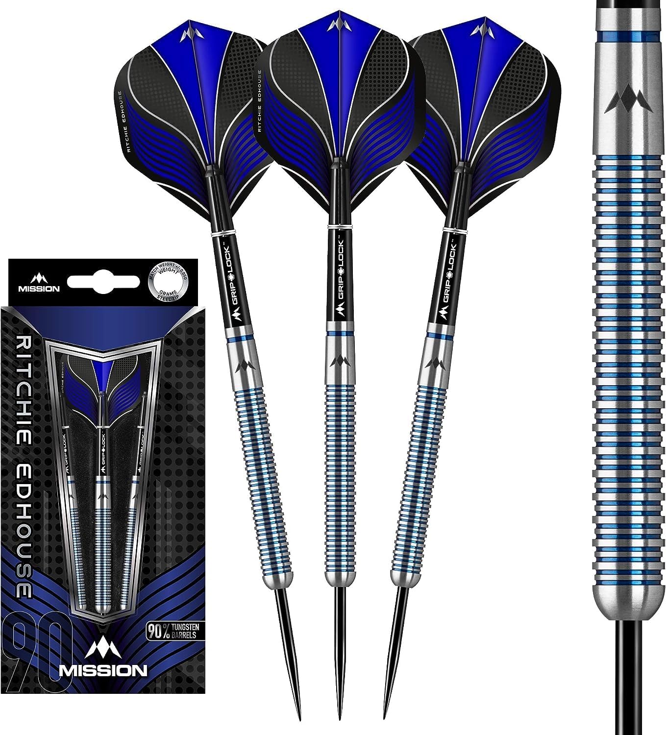 Mission Darts | Ritchie Edhouse | The Madhouse Premium 90% Tungsten Straight Barrel Steel Tip Dart Set with 3 Flights, 3 Mission Shafts with S-Lock Rings and Point Protector, Blue