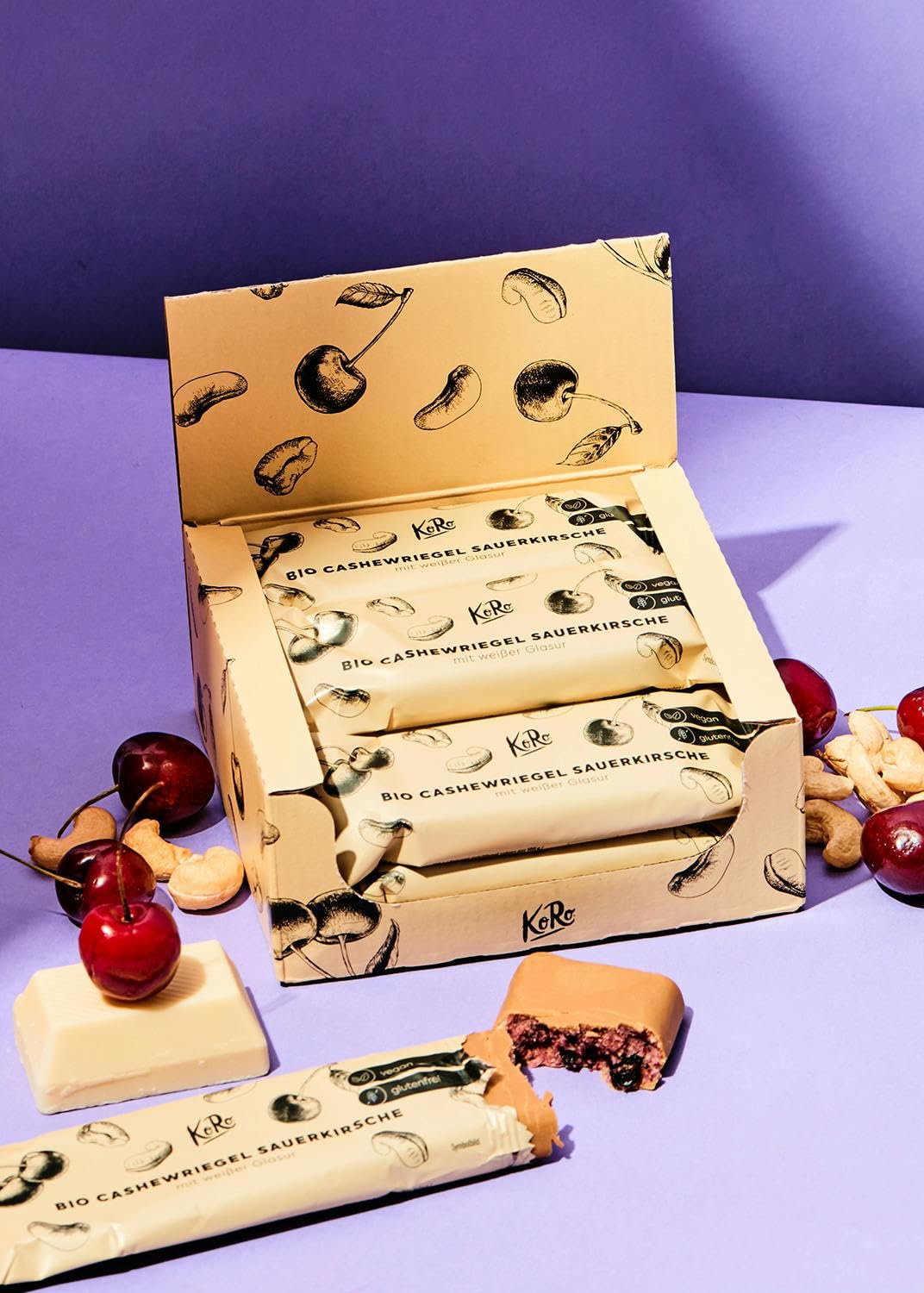 KoRo - Bio Cashewriegel Sauerkirsche 50 g - Für den kleinen Hunger zwischendurch - Bio-Qualität - Helle Schoko-Glasur