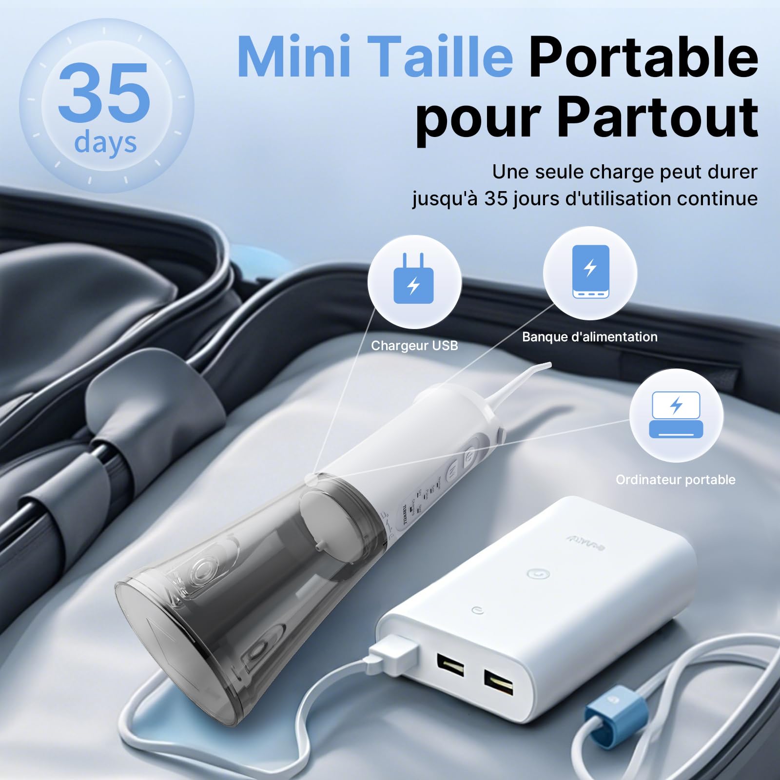 TUREWELL Jet Dentaire Hydropulseur Portable 310 ML avec 5 Modes, 4 Buses, Rechargeable Hydropulseur Dentaire Étanche IPX7 Pour La Maison et Les Voyages, Améliore la Santé Dentaire