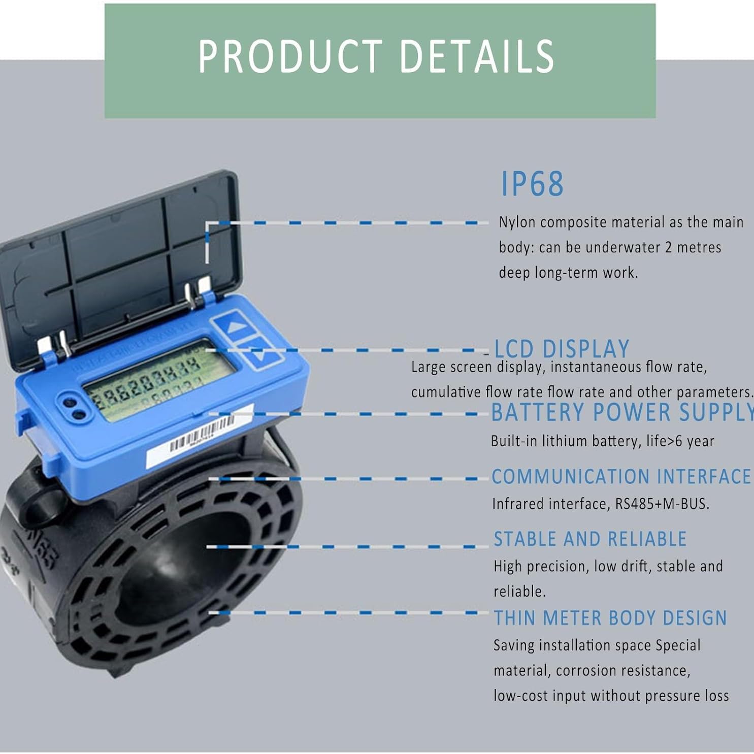 Medidor de flujo de agua ultrasónico para riego agrícola, pantalla LCD digital alimentada por pilas, IP68, alta presión y rango de temperatura para uso en jardín