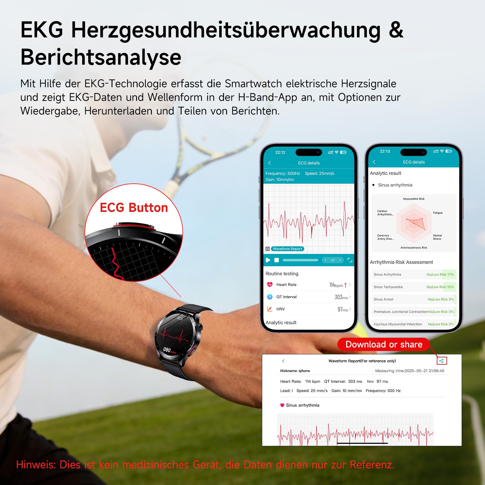 Neu Smartwatch Herren mit EKG+HRV & Blutdruck, 1,43" AMOLED Gesundheitsuhr | 24H Herzfrequenz, SpO2, Schlafmonitor, Körpertemperatur, Telefonfunktion, Harnsäure, SOS-Notruf, Fitnessuhr für Android iOS