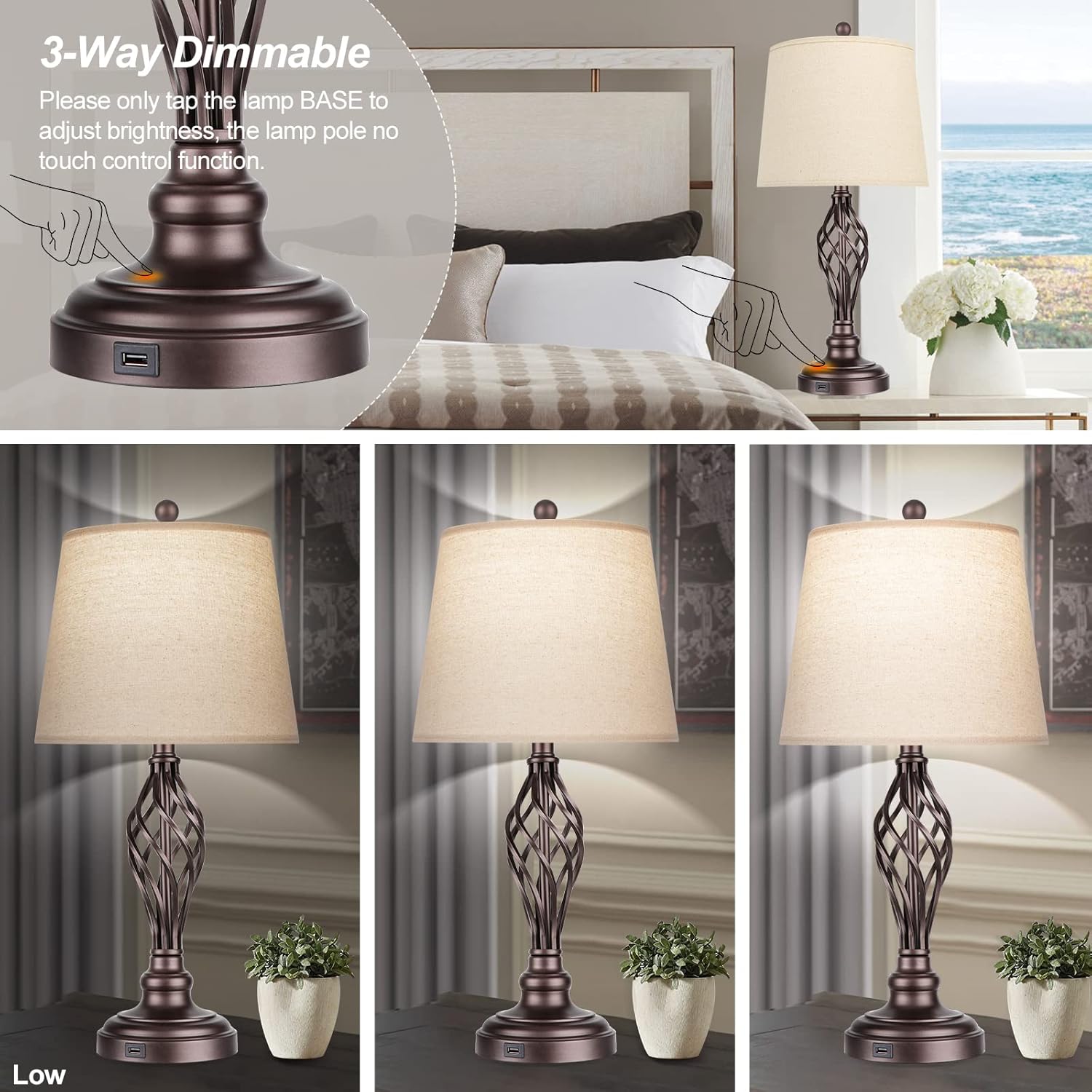 Touch Control Table Lamp Set of 2, 3-Way Dimmable Bedroom Lamp with USB Port Bedside Nightstand Lamp Rustic Farmhouse Drum Shade Spiral Cage Base Desk Lamp for Living Room, Daylight White 5000K