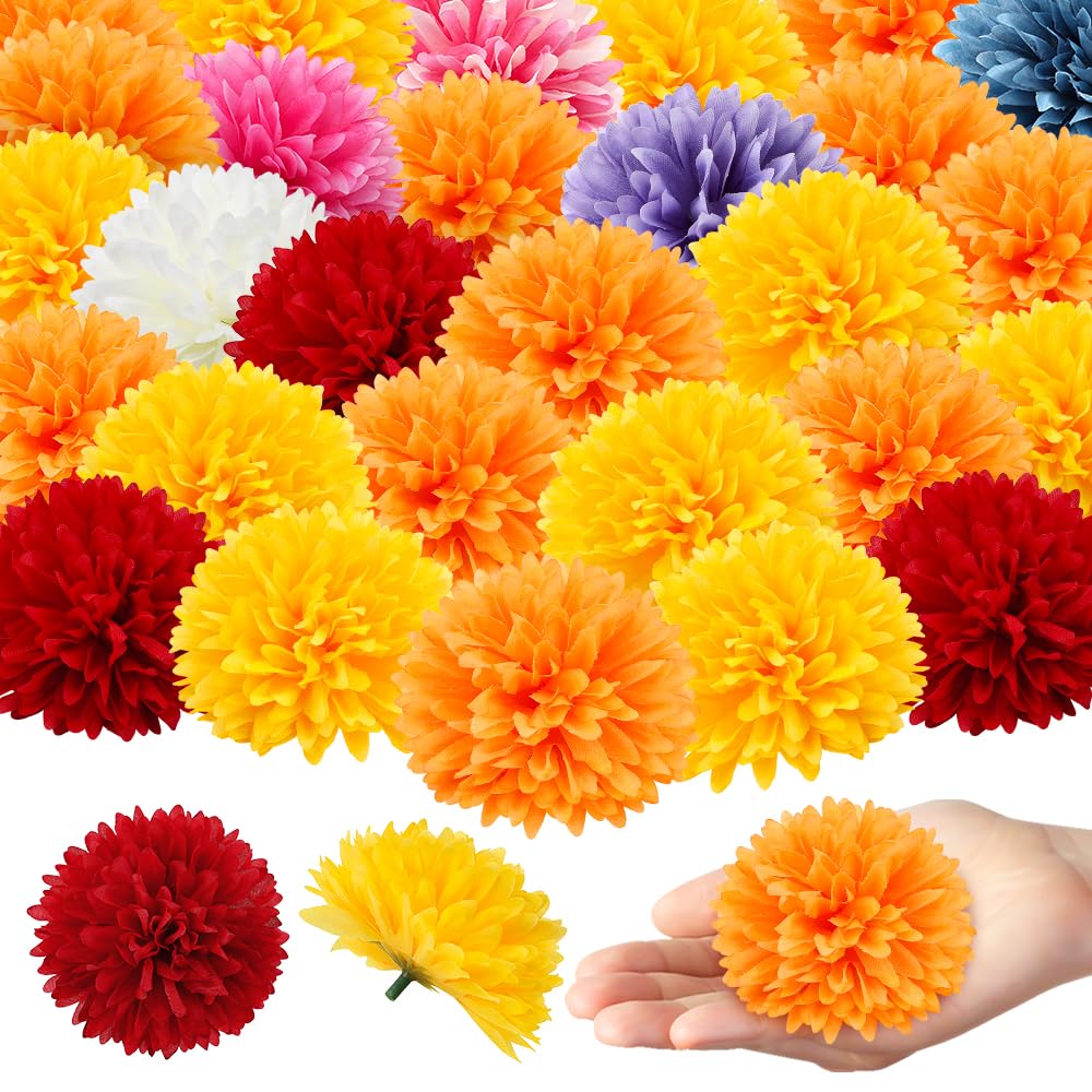 Marigold Flower Heads Bulk 40 Pcs, Faux Mexican Artificial Flowers for
