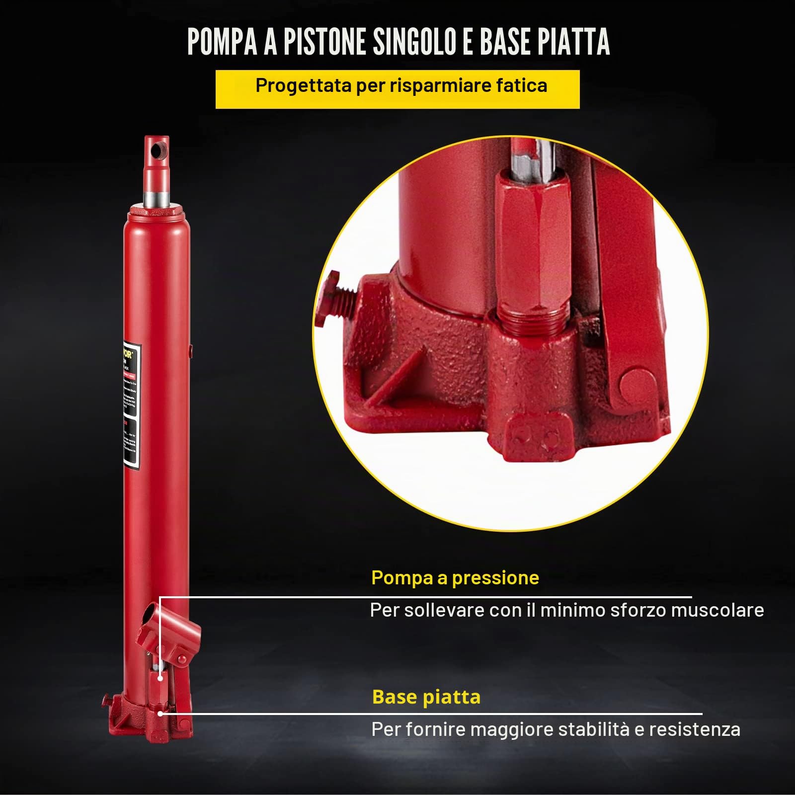 VEVOR Cric idraulico a pistone lungo, capacità 4 tonnellate, con pompa a pistone singolo e base piatta, raccoglitrice manuale di ciliegie con maniglia paranco di sollevamento motore