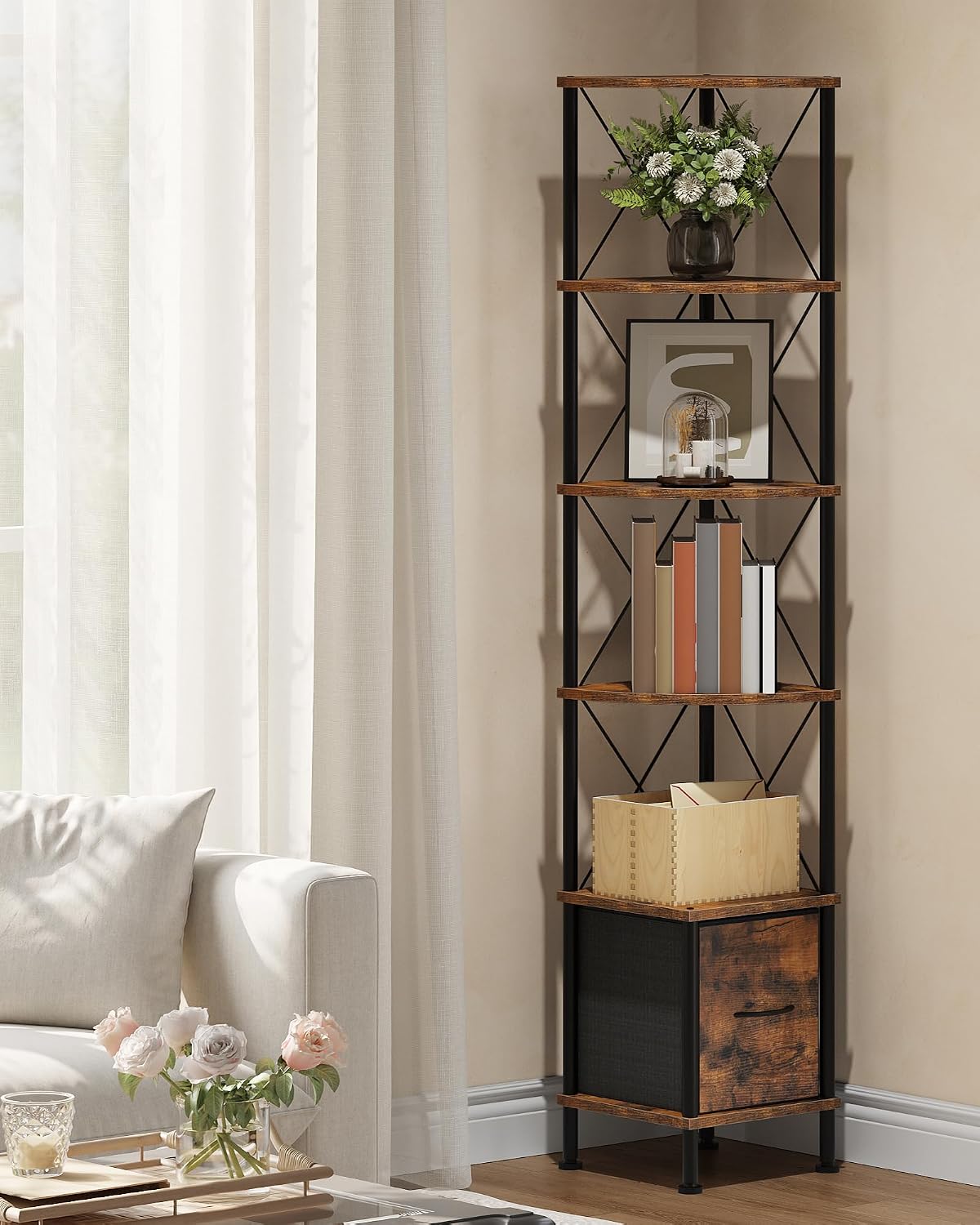 CHOEZON Corner Shelf with Drawer, Narrow Corner Bookshelf, Standing Bookcase, Storage Shelf with Anti-tip, Industrial Display Shelf for Small Spaces, Rustic Brown and Black TCJ76BF