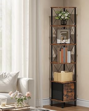 Corner Shelf with Drawer, Narrow Corner Bookshelf, Standing Bookcase, Storage Shelf with Anti-tip, Industrial Display Shelf for Small Spaces, Rustic Brown and Black TCJ76BF
