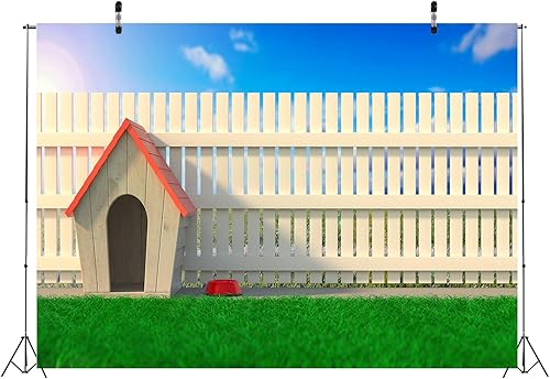Miniatura 5 de BELECO Telón de fondo de tela de 7 x 5 pies para jardín, casa de perro para fotografía, cabaña de madera, casa de perro con techo rojo, hierba