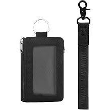 ID Badge Holder with Wrist Lanyard for Teacher, Double-Sided Zippered Pocket, Detachable Lanyard, Key Ring, Metal Clasp, Clear ID Card Window, RFID Blocking Wallet, Black