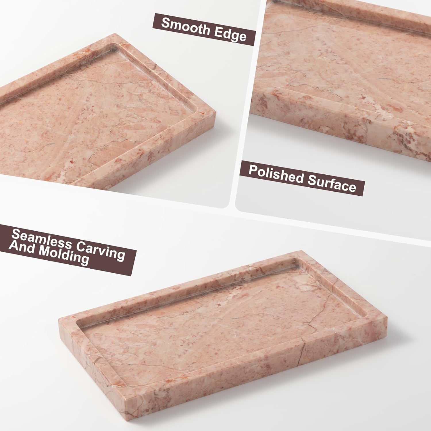 Natural Marble Rectangular Tray 10x6 Inch - Cream Rose Vanity Organizer for Bathroom, Coffee Table & Kitchen - Weighted Base - Image 2