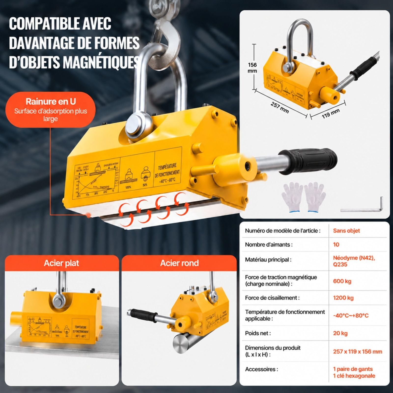 Aimant de levage permanent 600 kg avec poignée de déverrouillage et crochet en acier pour tôle et pièces métalliques