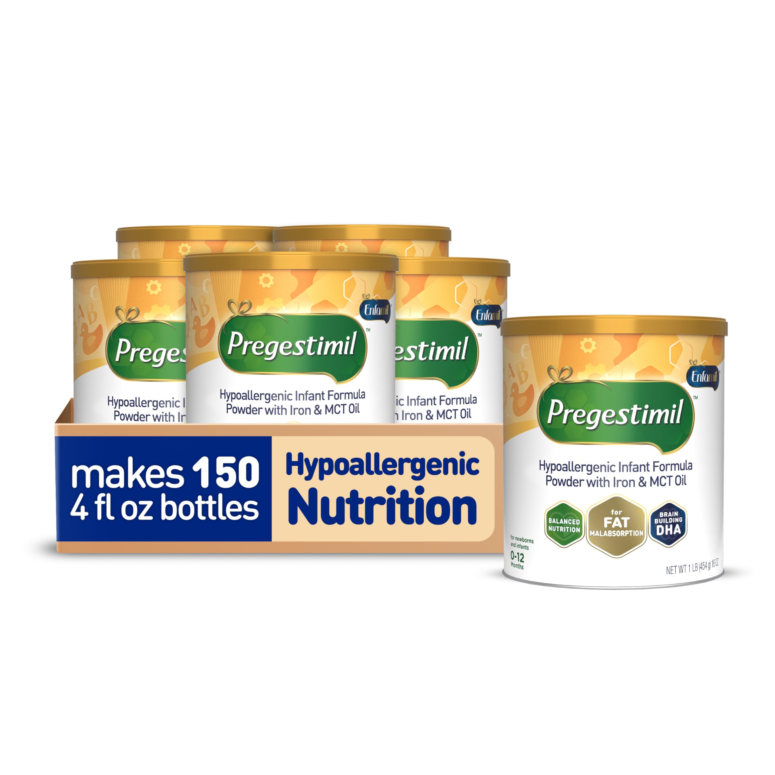 Enfamil Pregestimil Infant Formula with MCT Oil, for Fat Malabsorption Problems, Hypoallergenic Powder Can, 16 Oz, Pack of 6