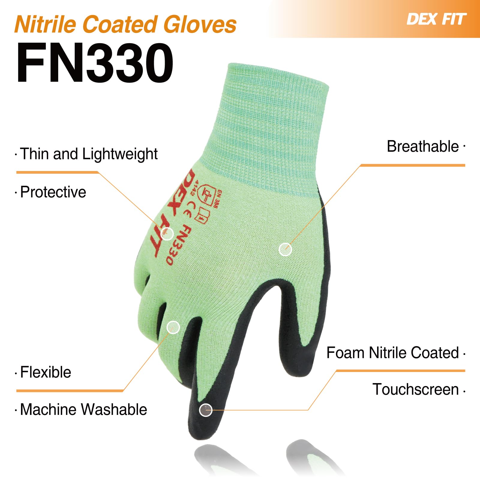 DEX FIT Nitrile Work Gloves FN330, 3D Comfort Stretch Fit, Firm Grip, Touchscreen, Thin & Lightweight - Image 2