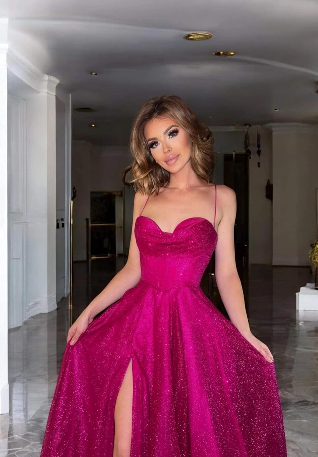 Corset Prom Dresses Long for Women Sparkly Glitter A-Line Spaghetti Straps Formal Evening Dress with Slit