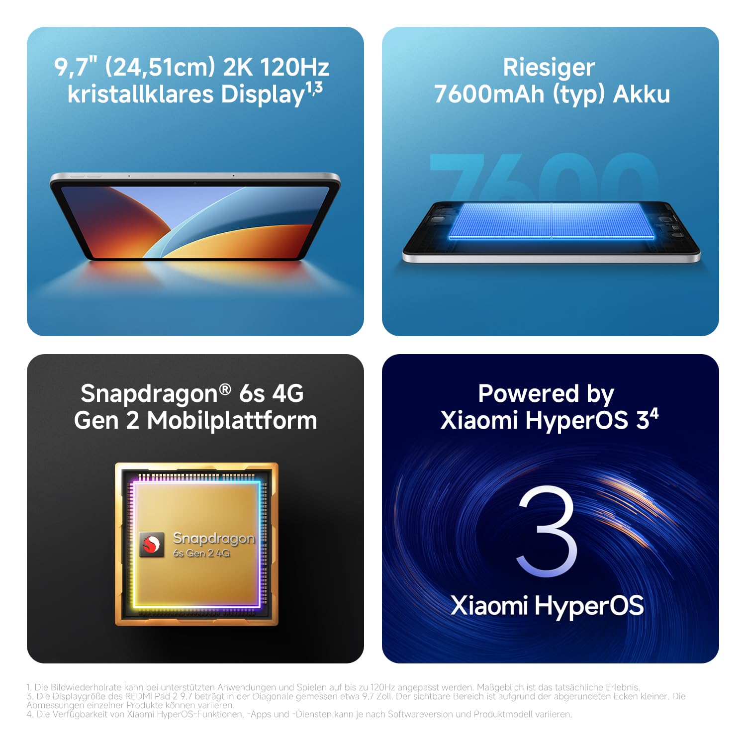 XIAOMI Redmi Pad 2 Tablet 9,7 Zoll, 4GB + 64GB, Snapdragon 6s Gen 2, 2K 120Hz Display, 7600mAh Akku, Graphite Grau, 3 Jahre Garantie, ohne Ladegerät