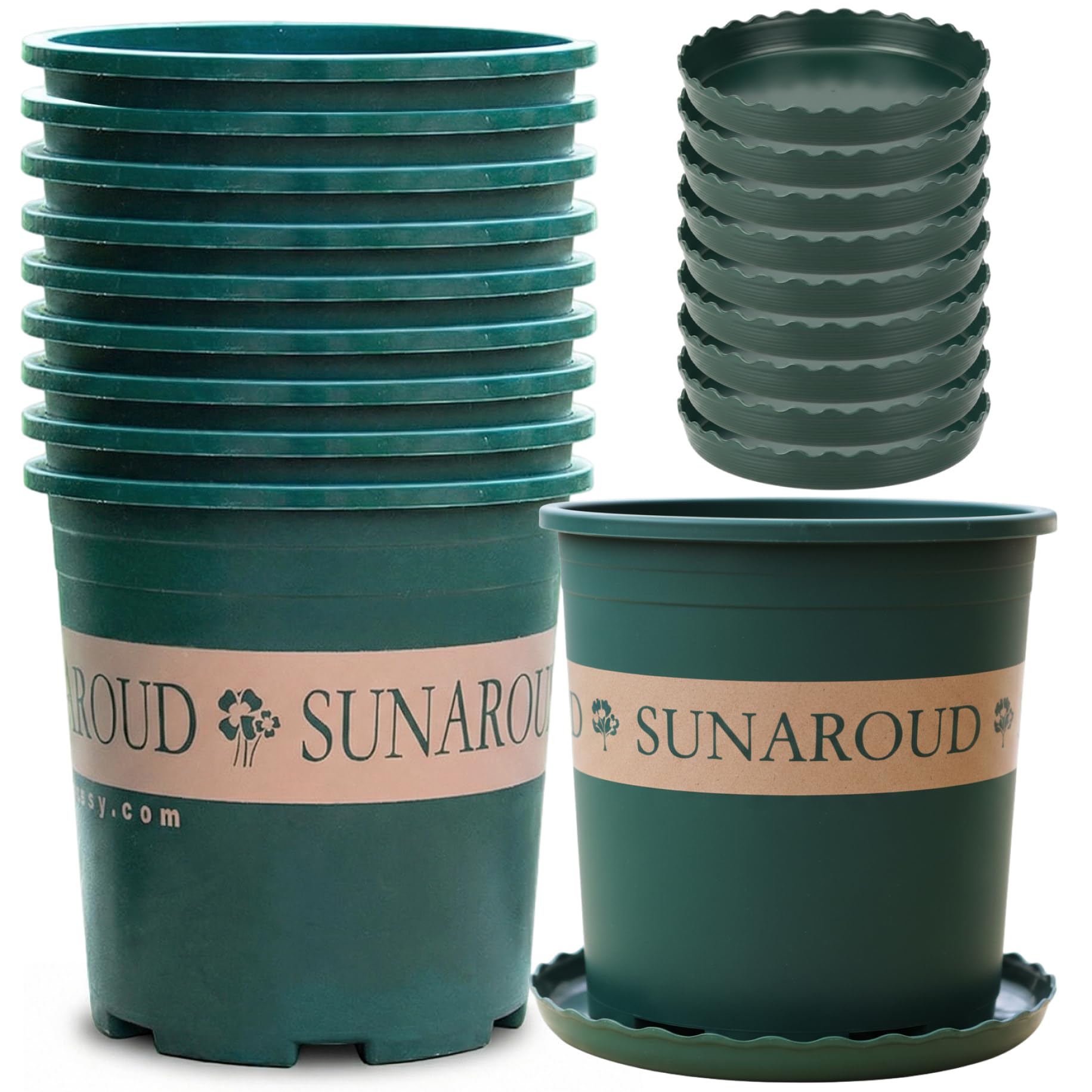 Latemeia Green Large Nursery Pots, 10-Pack 2 Gallon Thickened Plastic Plant Pots With Drainage Holes And Saucers, Indoor Outdoor Garden Containers For Plants, Décoration De Cour