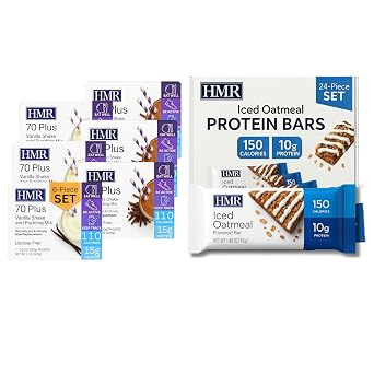 HMR 70 Plus Vanilla + Chocolate Shake & Pudding Mix COMBO 21 Servings Each With Iced Oatmeal Protein Bar 24 Count