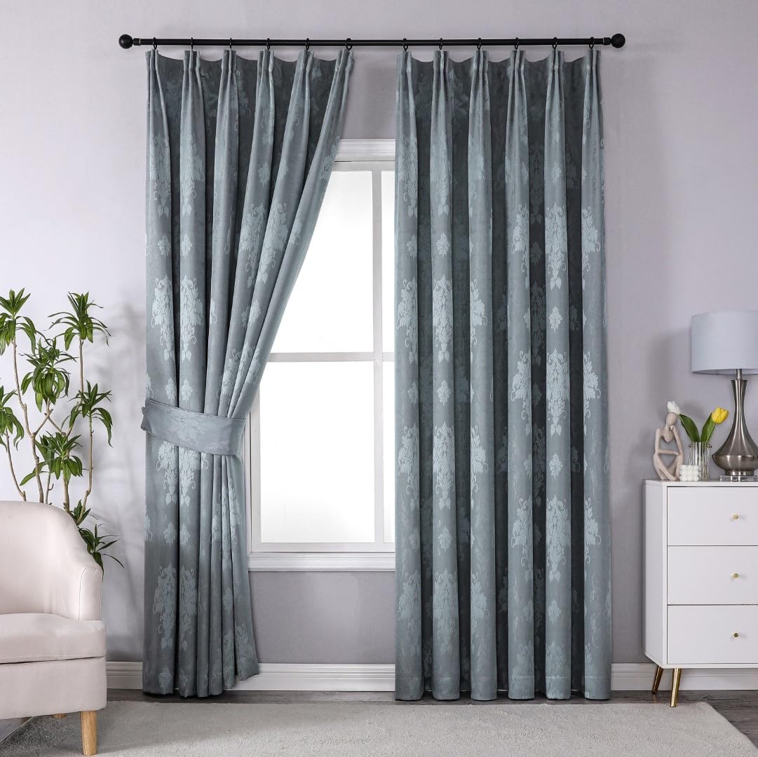 PRIME LINENS Curtain for Living Room Pencil Pleat Jacquard Curtain Fully Lined Modern Panels for Bedroom with 2 Free Tie Backs (Silver, W 66'' x L 72'') — image 1