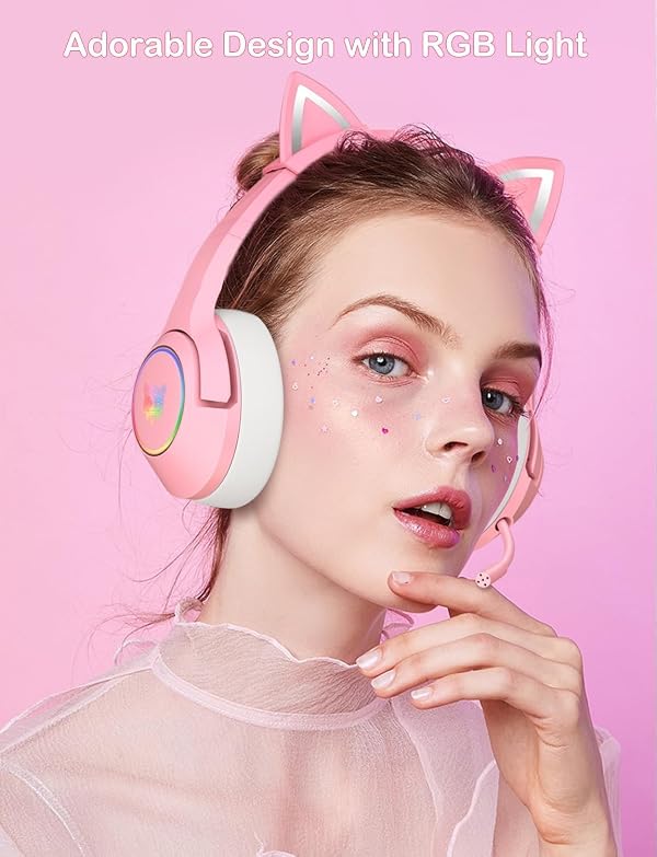PHNIXGAM Pink Gaming Headset for PS4, PS5, Wired Over-Ear Headphones with Detachable Cat Ears, Microphone, RGB Backlight, Surround Sound for PC (Pink) by PHNIXGAM - Image 2