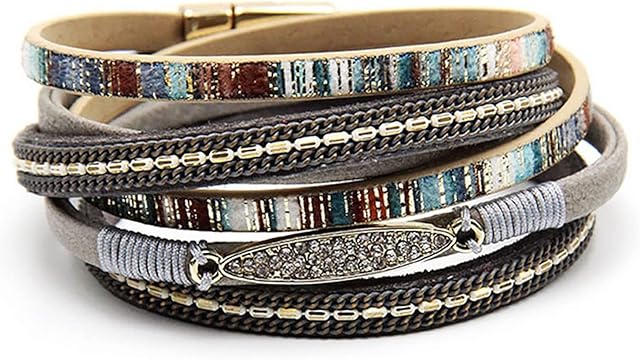 LSxAB Women Sparkling Multi-layered Leather Bracelet Stackable Wristbands Handmade Bohemian Braided Wrap Bracelets