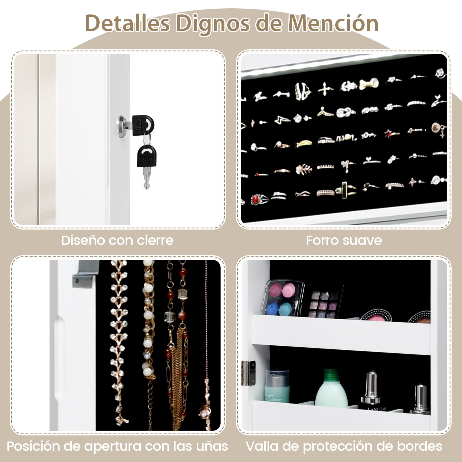 COSTWAY Armario Joyero con Espejo LED 120 cm, Organizador con Cerradura, Estantes Forrados y Ganchos, Blanco