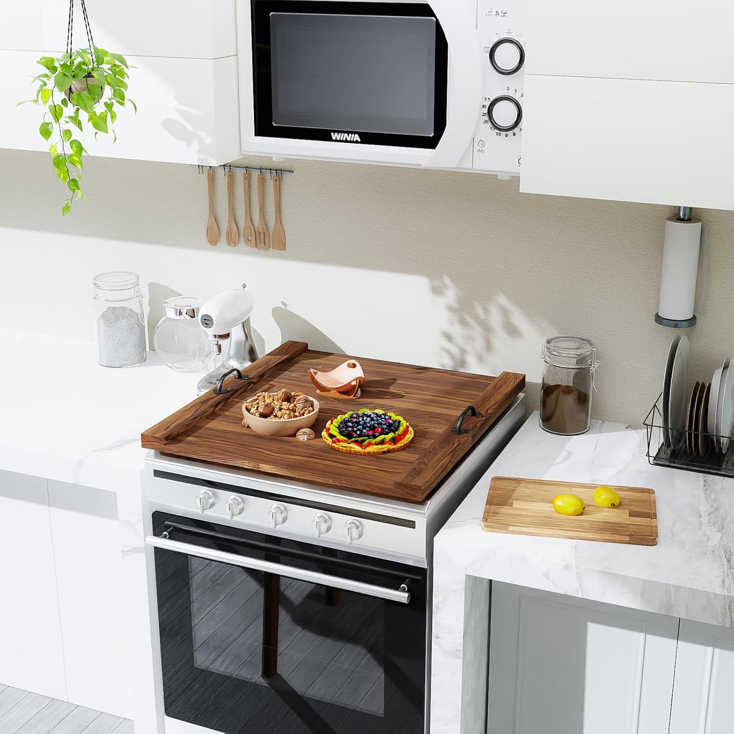 Noodle Board Stove Cover with Handle Wooden Stove Top Cover Board 29.5x22" for Electric Gas Stove Burner, Glass Range Stovetop Cover