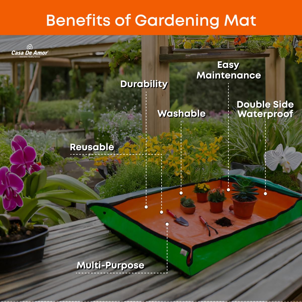 Casa De Amor Gardening Mat 75x100 cm | Waterproof & Foldable HDPE Mat with Snap Buttons | for Soil Mixing, DIY & Plant Care | Green-Orange (Pack of 1) - Image 3 thumbnail