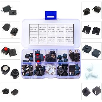 Latching Push Button Switch Assorted Kit Self-Lock Micro Mini Bent & Flat 2Pin 3Pin 4Pin On Off Switch for Torch SMD Flashlight Type Light Lamp Electronics DIY Assortment Kit