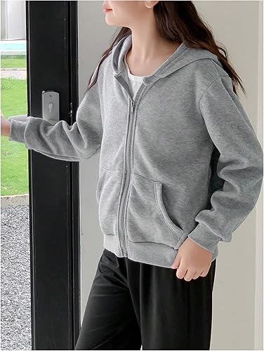 OYOANGLE Girl's Zip Up Hoodie Long Sleeve Drop Shoulder Hooded Jackets Fall Winter Clothes(Grey,8 Years)