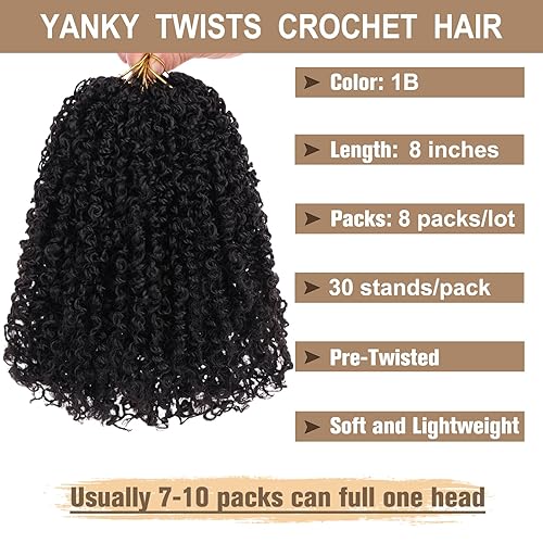 Miniatura 2 de COOKOO 8 manojoslote bohemio Yanky Twist trenzas de ganchillo de 8 pulgadas, color negro natural pretrenzado con extremos rizados, cabello de