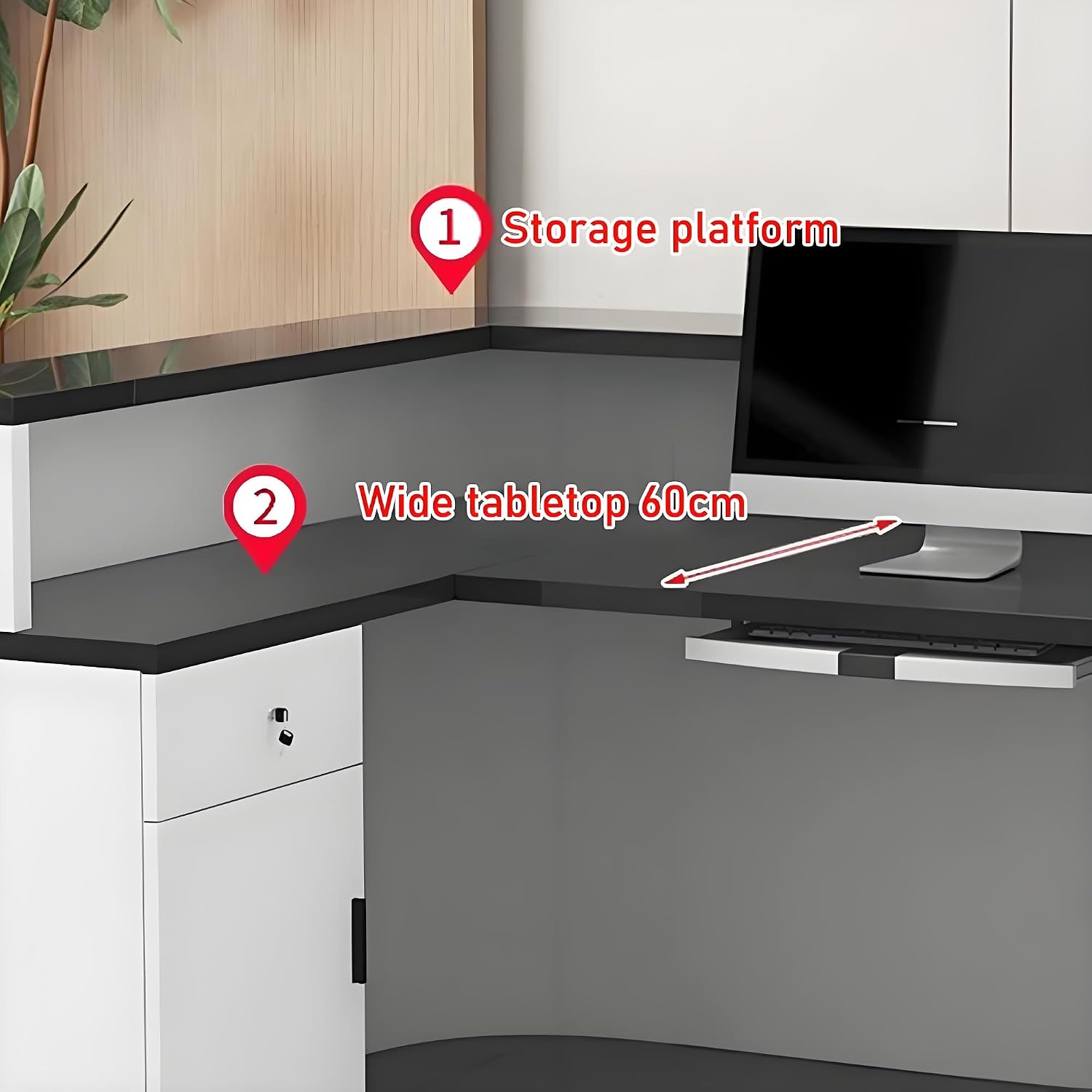 Reception Desk with Counter, Front Desk, Modern Front Desk Reception Room Table, Retail Counter, Front Counter with Lockable Drawer, for Checkout, Lobby, Beauty Salon(White,140cm/55.1in)