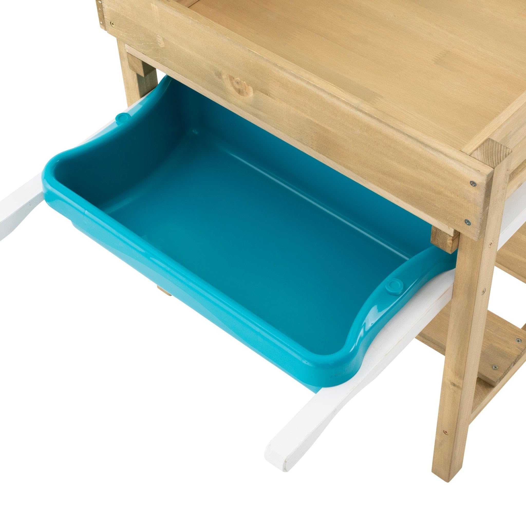 TP Toys Deluxe Sand- und Wassertisch, FSC-zertifiziertes Holz, inklusive Sandkasten, Wasserschale, schwarzer Tafel, Kunststoffhaken und Aufbewahrungsregal, verstaubar und verwandelt Sich in einen